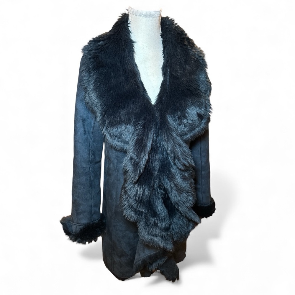 Donna Salyers Fabulous Furs Navy Cascading Faux Fur Coat Jacket XS Luxe Winter - Picture 3 of 16